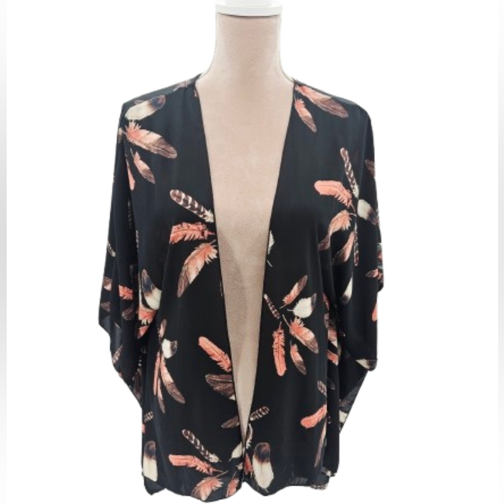 Joah Black Feather Print Oversized Kimono